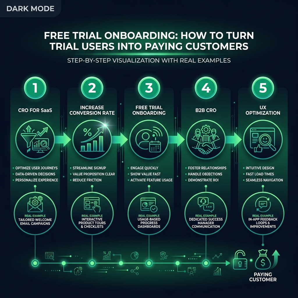 Free Trial Onboarding: How to Turn Trial Users Into Paying Customers (With Real Examples) infographic showing CRO for SaaS, increase conversion rate, free trial onboarding for digital marketing