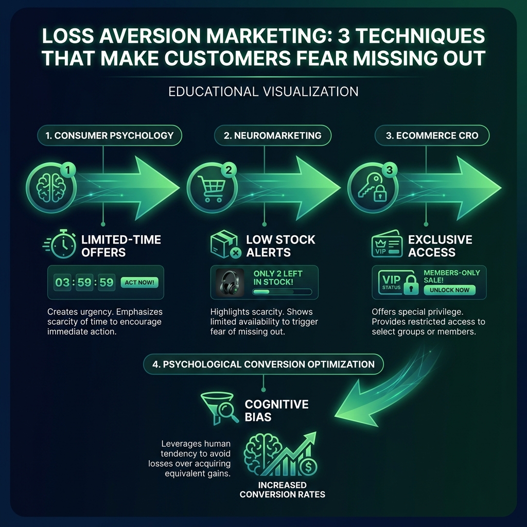 Loss Aversion Marketing: 3 Techniques That Make Customers Fear Missing Out infographic showing consumer psychology, neuromarketing, ecommerce CRO for digital marketing