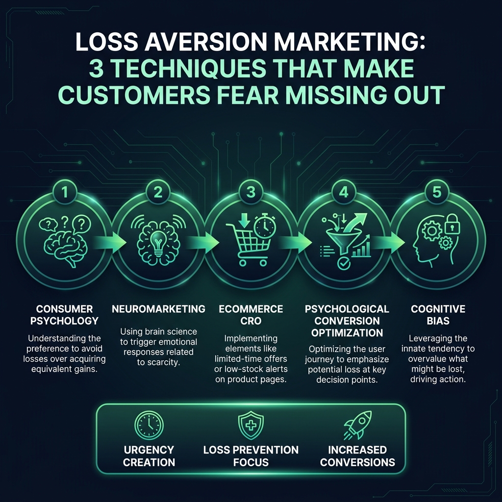 Loss Aversion Marketing: 3 Techniques That Make Customers Fear Missing Out infographic showing consumer psychology, neuromarketing, ecommerce CRO for digital marketing