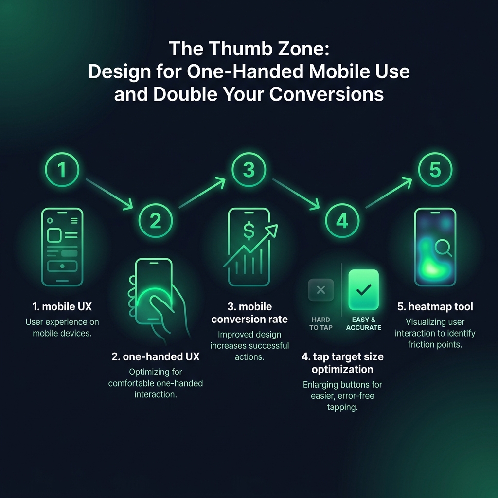 The Thumb Zone: Design for One-Handed Mobile Use and Double Your Conversions infographic showing mobile UX, one-handed UX, mobile conversion rate for digital marketing