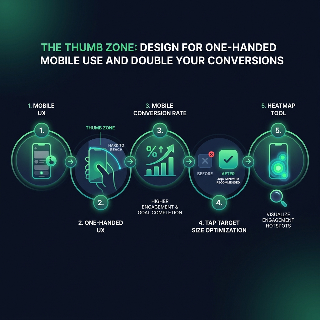 The Thumb Zone: Design for One-Handed Mobile Use and Double Your Conversions infographic showing mobile UX, one-handed UX, mobile conversion rate for digital marketing