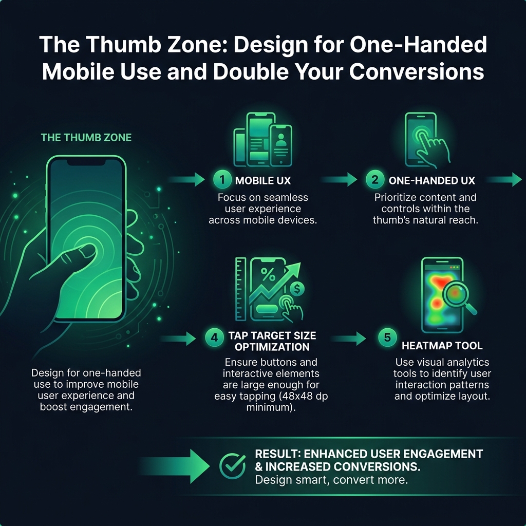 The Thumb Zone: Design for One-Handed Mobile Use and Double Your Conversions infographic showing mobile UX, one-handed UX, mobile conversion rate for digital marketing