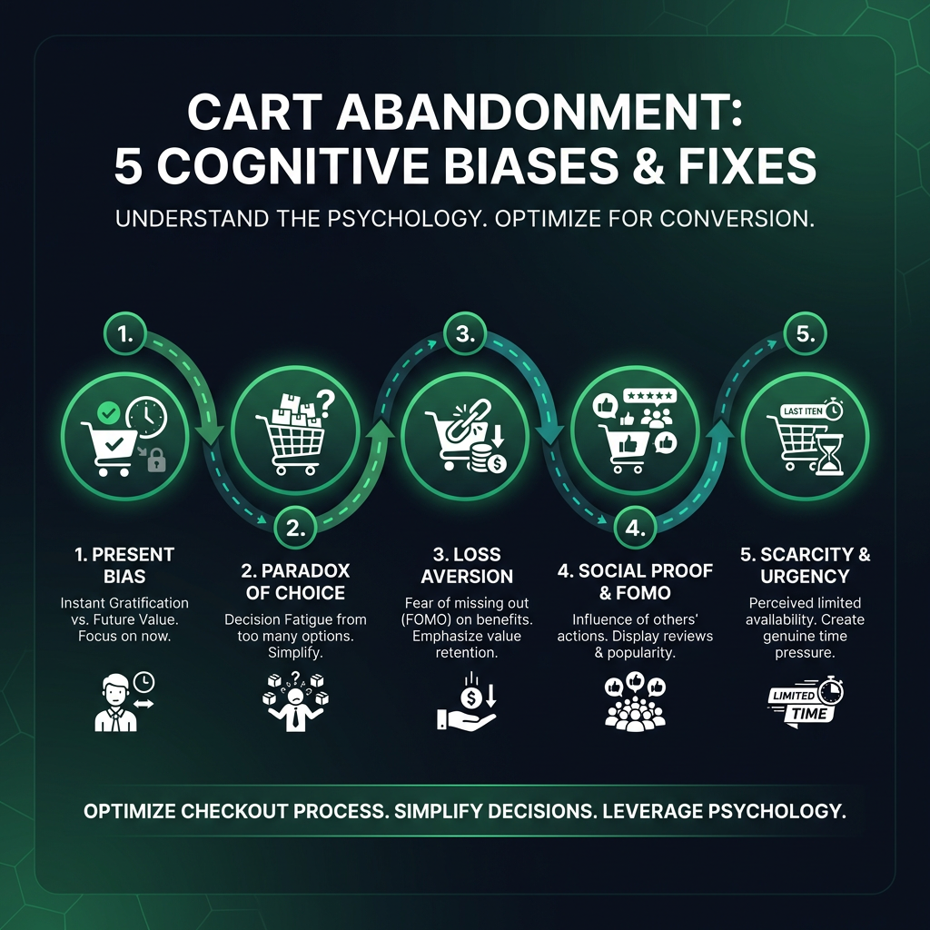 Cart Abandonment: 5 Cognitive Biases Sabotaging Your Sales (And How to Fix Them) infographic showing στρατηγικές μείωσης εγκατάλειψης καλαθιού, cognitive bias in marketing, reduce ecommerce cart abandonment for digital marketing