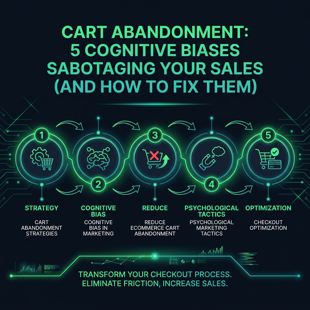 Cart Abandonment: 5 Cognitive Biases Sabotaging Your Sales (And How to Fix Them) infographic showing στρατηγικές μείωσης εγκατάλειψης καλαθιού, cognitive bias in marketing, reduce ecommerce cart abandonment for digital marketing