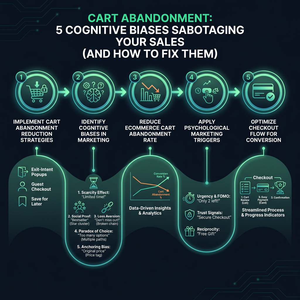Cart Abandonment: 5 Cognitive Biases Sabotaging Your Sales (And How to Fix Them) infographic showing στρατηγικές μείωσης εγκατάλειψης καλαθιού, cognitive bias in marketing, reduce ecommerce cart abandonment for digital marketing