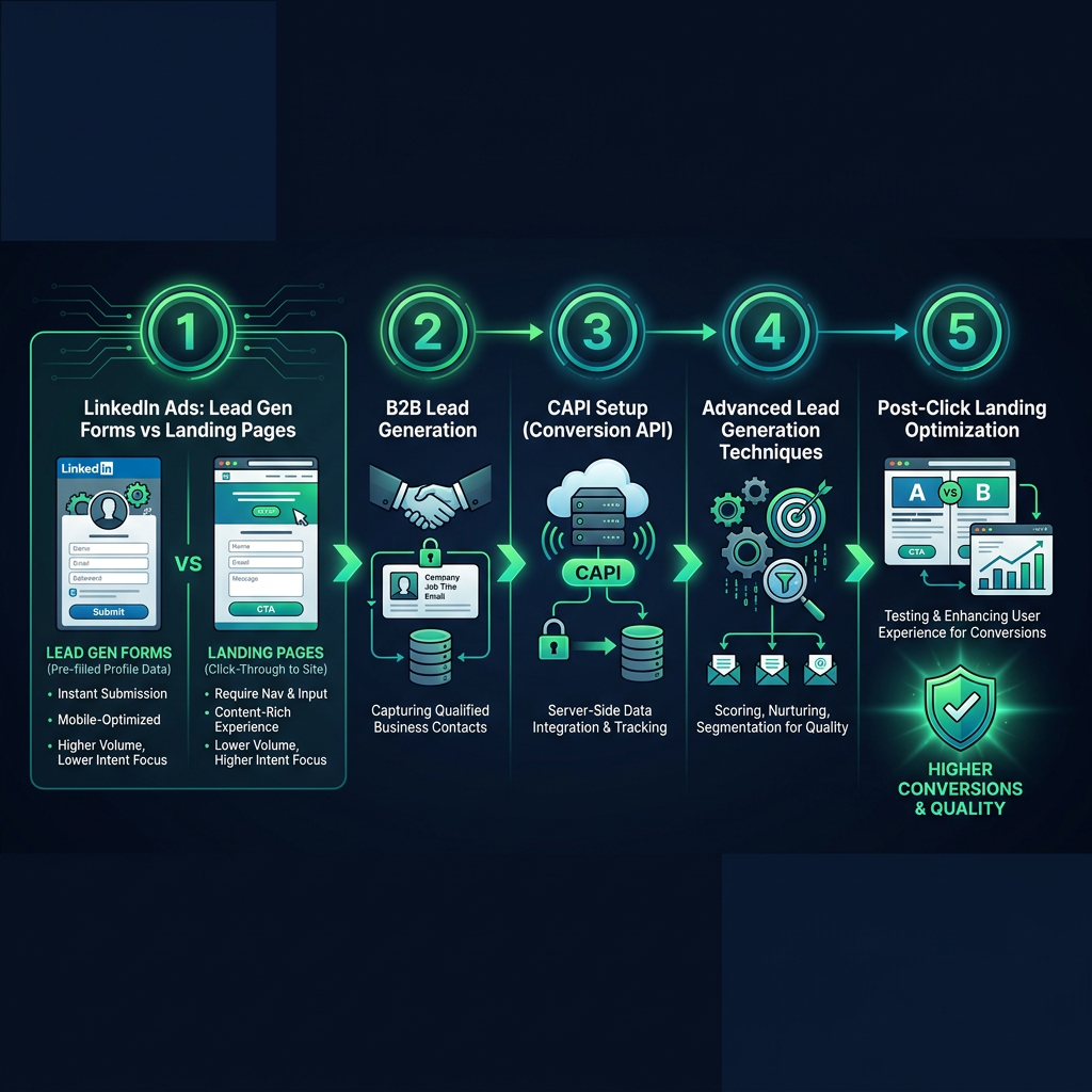 LinkedIn Ads: Lead Gen Forms vs Landing Pages - Which Wins in Conversions & Lead Quality? infographic showing LinkedIn Ads lead form vs landing page, B2B lead generation, CAPI setup for digital marketing