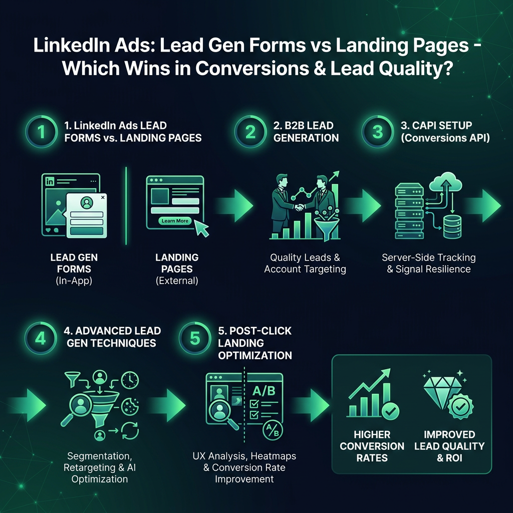 LinkedIn Ads: Lead Gen Forms vs Landing Pages - Which Wins in Conversions & Lead Quality? infographic showing LinkedIn Ads lead form vs landing page, B2B lead generation, CAPI setup for digital marketing