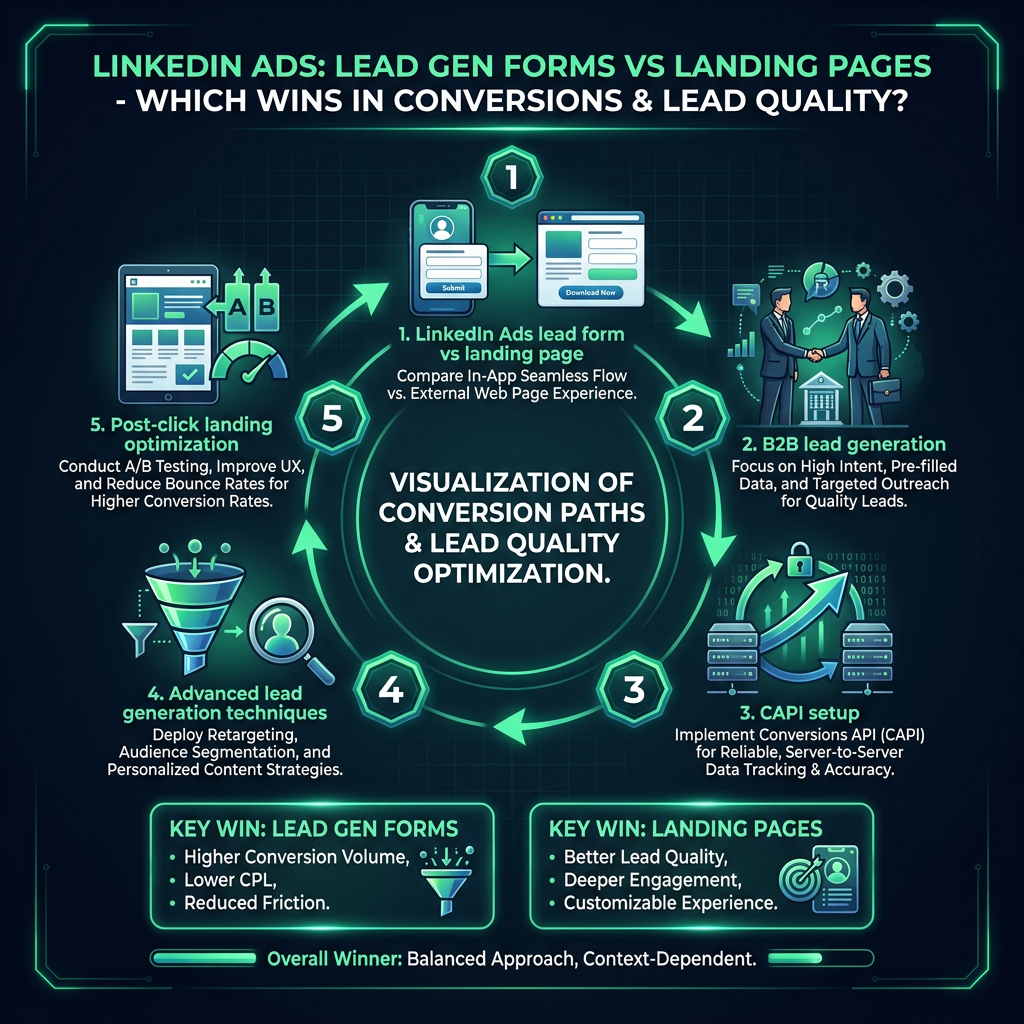 LinkedIn Ads: Lead Gen Forms vs Landing Pages - Which Wins in Conversions & Lead Quality? infographic showing LinkedIn Ads lead form vs landing page, B2B lead generation, CAPI setup for digital marketing
