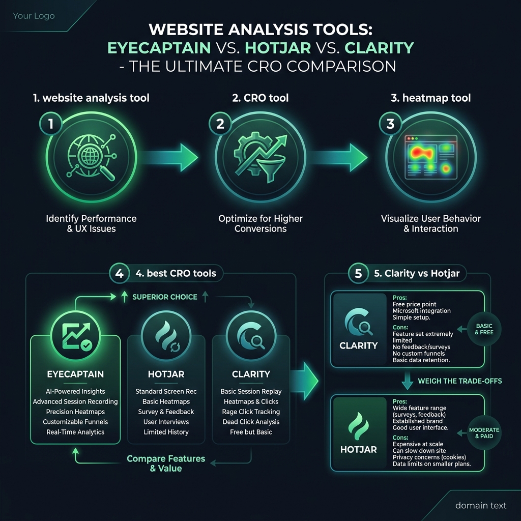 Website Analysis Tools: EyeCaptain vs. Hotjar vs. Clarity - The Ultimate CRO Comparison infographic showing website analysis tool, CRO tool, heatmap tool for digital marketing