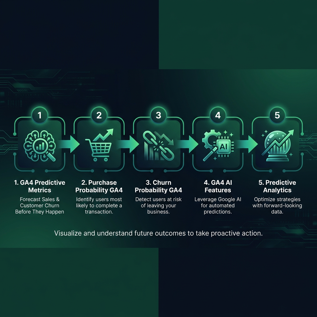 GA4 Predictive Metrics: Forecast Sales & Customer Churn Before They Happen infographic showing GA4 predictive metrics, purchase probability GA4, churn probability GA4 for digital marketing