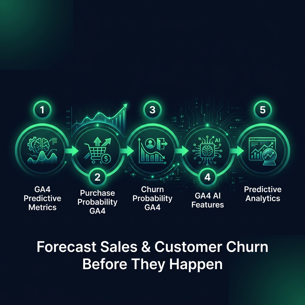 GA4 Predictive Metrics: Forecast Sales & Customer Churn Before They Happen infographic showing GA4 predictive metrics, purchase probability GA4, churn probability GA4 for digital marketing