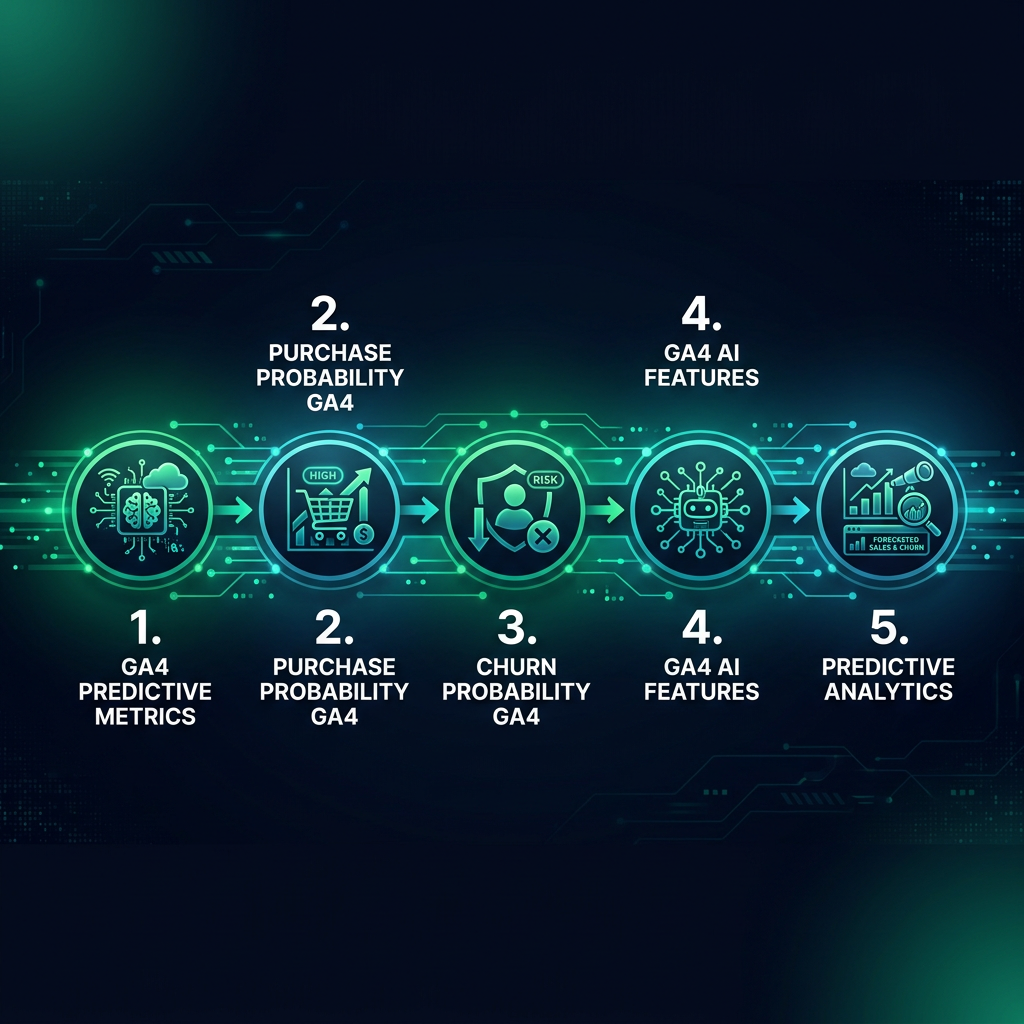 GA4 Predictive Metrics: Forecast Sales & Customer Churn Before They Happen infographic showing GA4 predictive metrics, purchase probability GA4, churn probability GA4 for digital marketing