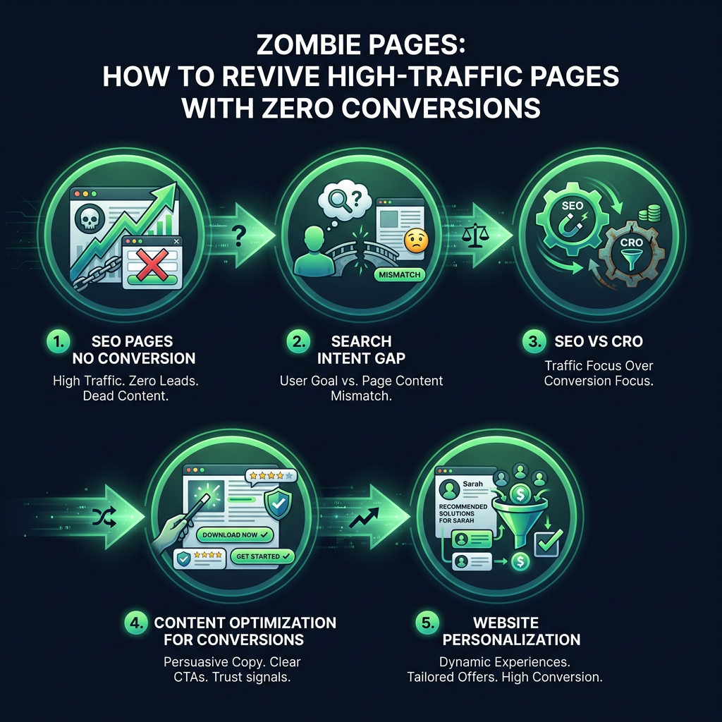 Zombie Pages: How to Revive High-Traffic Pages with Zero Conversions infographic showing SEO pages no conversion, search intent gap, SEO vs CRO for digital marketing