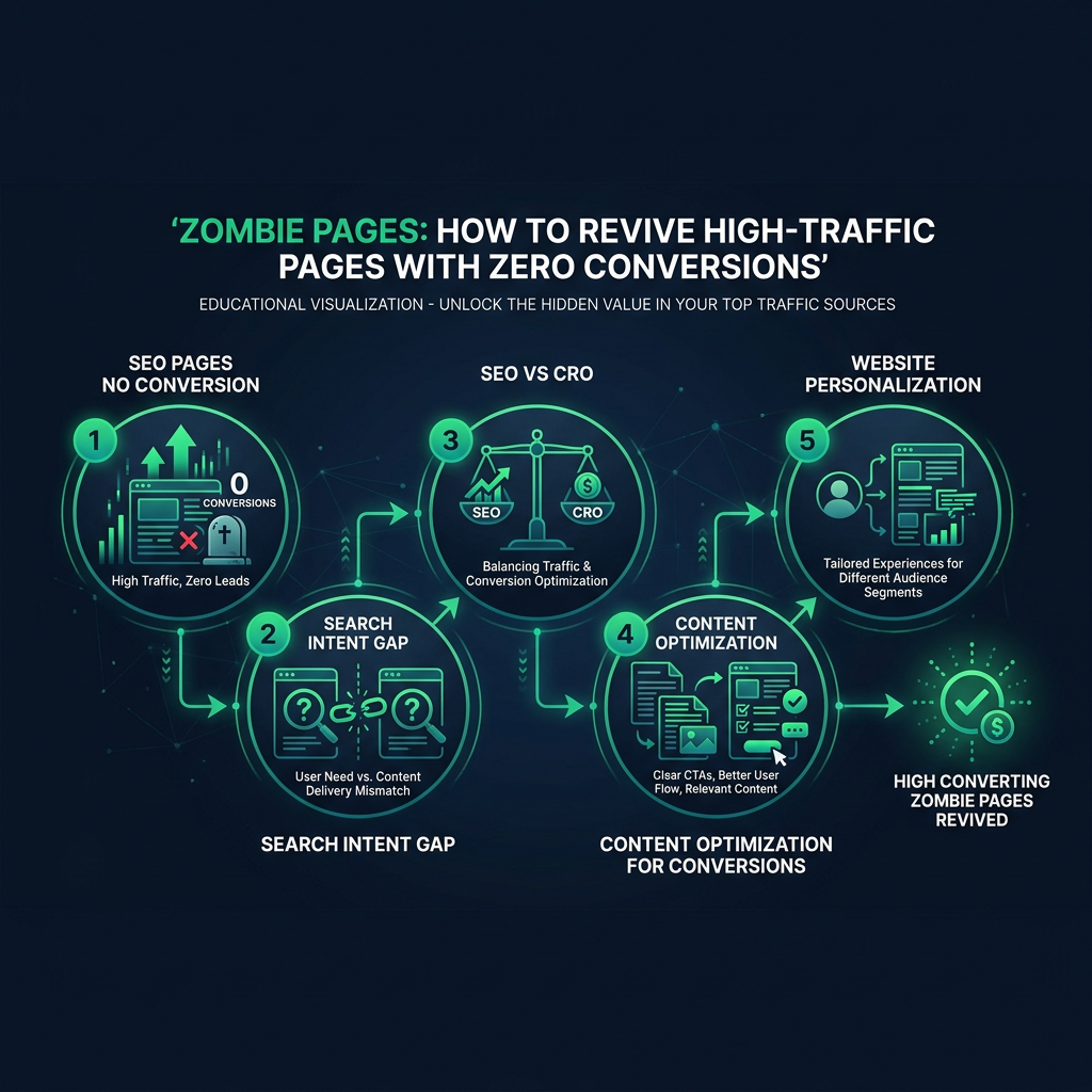 Zombie Pages: How to Revive High-Traffic Pages with Zero Conversions infographic showing SEO pages no conversion, search intent gap, SEO vs CRO for digital marketing