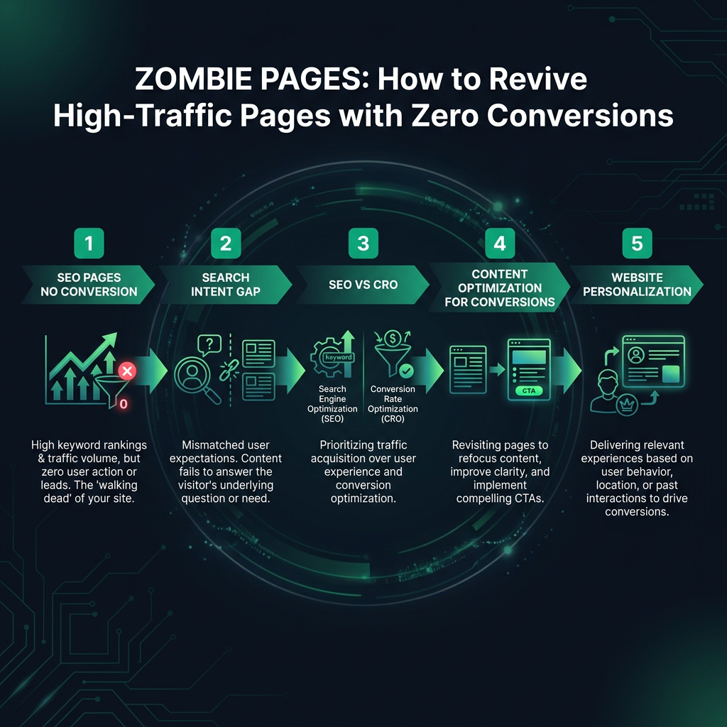 Zombie Pages: How to Revive High-Traffic Pages with Zero Conversions infographic showing SEO pages no conversion, search intent gap, SEO vs CRO for digital marketing