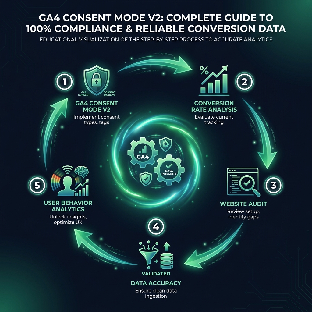 GA4 Consent Mode v2: Complete Guide to 100% Compliance & Reliable Conversion Data infographic showing GA4 consent mode v2, conversion rate analysis, website audit for digital marketing
