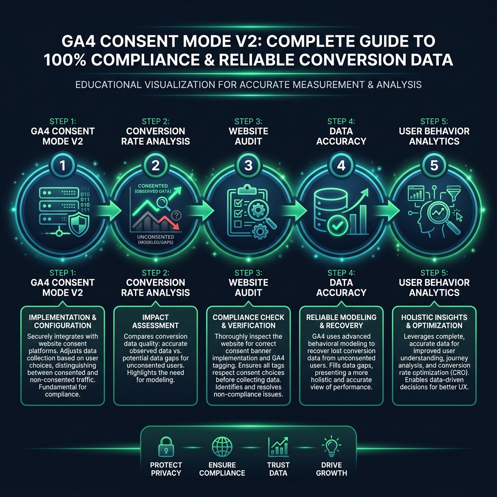 GA4 Consent Mode v2: Complete Guide to 100% Compliance & Reliable Conversion Data infographic showing GA4 consent mode v2, conversion rate analysis, website audit for digital marketing