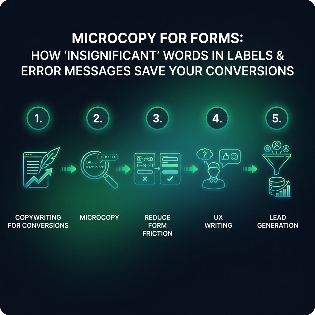Microcopy for Forms: How 'Insignificant' Words in Labels & Error Messages Save Your Conversions infographic showing copywriting for conversions, microcopy, reduce form friction for digital marketing