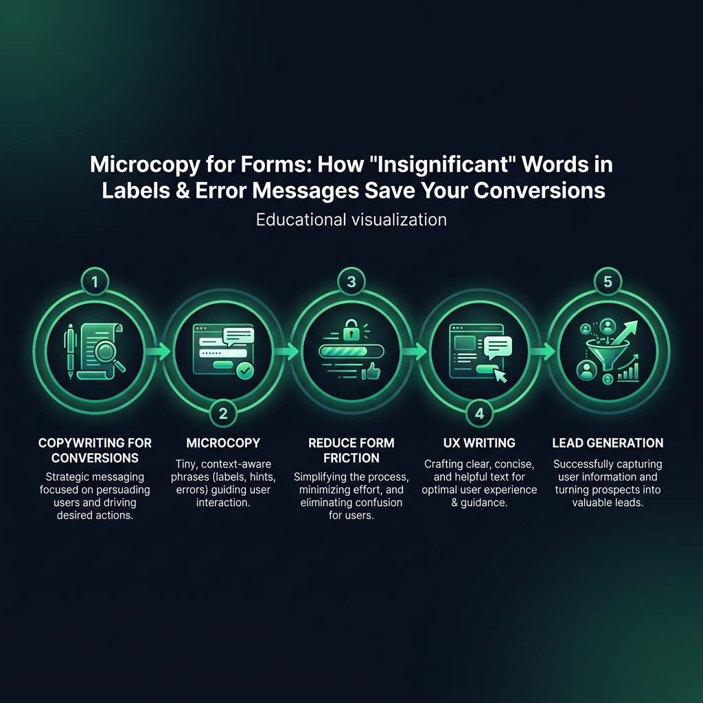 Microcopy for Forms: How 'Insignificant' Words in Labels & Error Messages Save Your Conversions infographic showing copywriting for conversions, microcopy, reduce form friction for digital marketing
