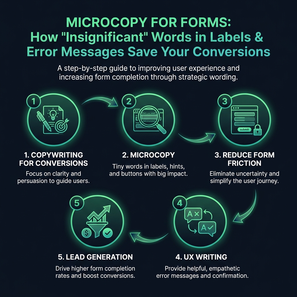 Microcopy for Forms: How 'Insignificant' Words in Labels & Error Messages Save Your Conversions infographic showing copywriting for conversions, microcopy, reduce form friction for digital marketing