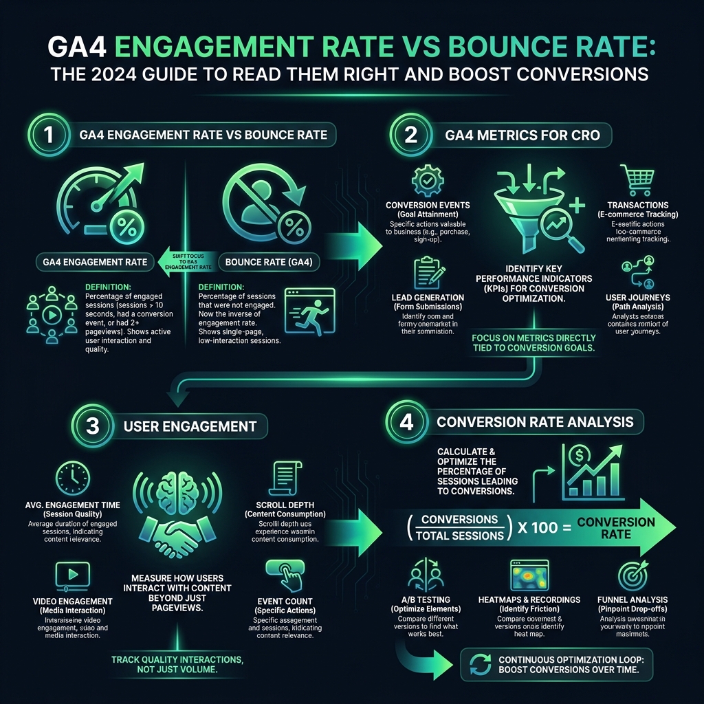 GA4 Engagement Rate vs Bounce Rate: The 2024 Guide to Read Them Right and Boost Conversions infographic showing GA4 engagement rate vs bounce rate, GA4 metrics for CRO, user engagement for digital marketing