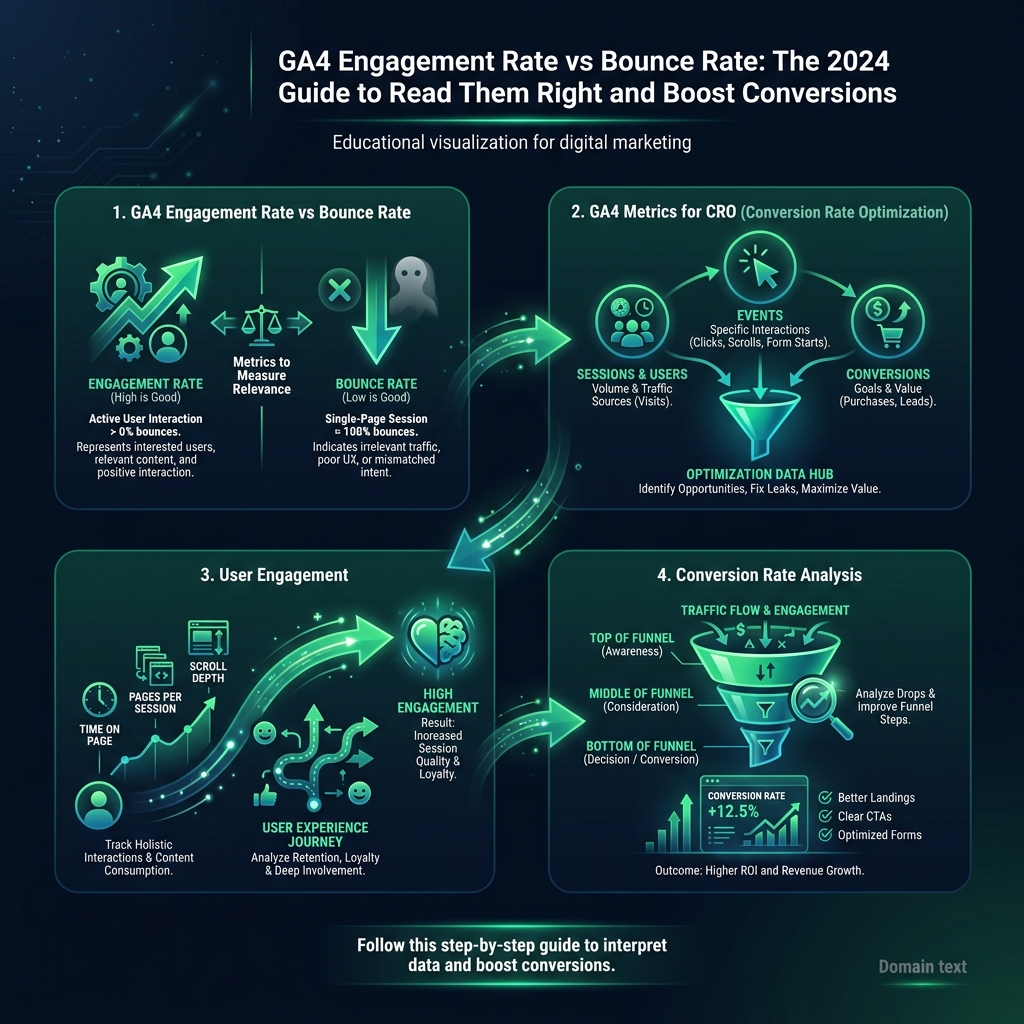 GA4 Engagement Rate vs Bounce Rate: The 2024 Guide to Read Them Right and Boost Conversions infographic showing GA4 engagement rate vs bounce rate, GA4 metrics for CRO, user engagement for digital marketing