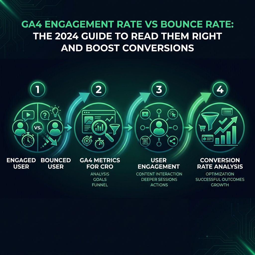 GA4 Engagement Rate vs Bounce Rate: The 2024 Guide to Read Them Right and Boost Conversions infographic showing GA4 engagement rate vs bounce rate, GA4 metrics for CRO, user engagement for digital marketing
