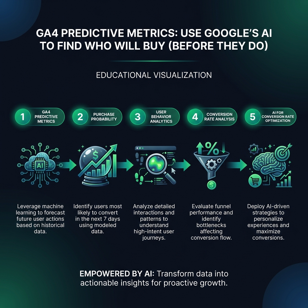 GA4 Predictive Metrics: Use Google's AI to Find Who Will Buy (Before They Do) infographic showing GA4 predictive metrics, purchase probability, user behavior analytics for digital marketing