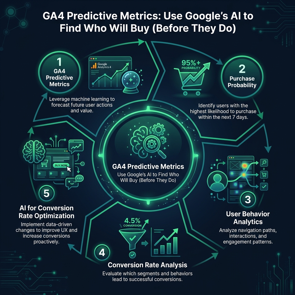 GA4 Predictive Metrics: Use Google's AI to Find Who Will Buy (Before They Do) infographic showing GA4 predictive metrics, purchase probability, user behavior analytics for digital marketing