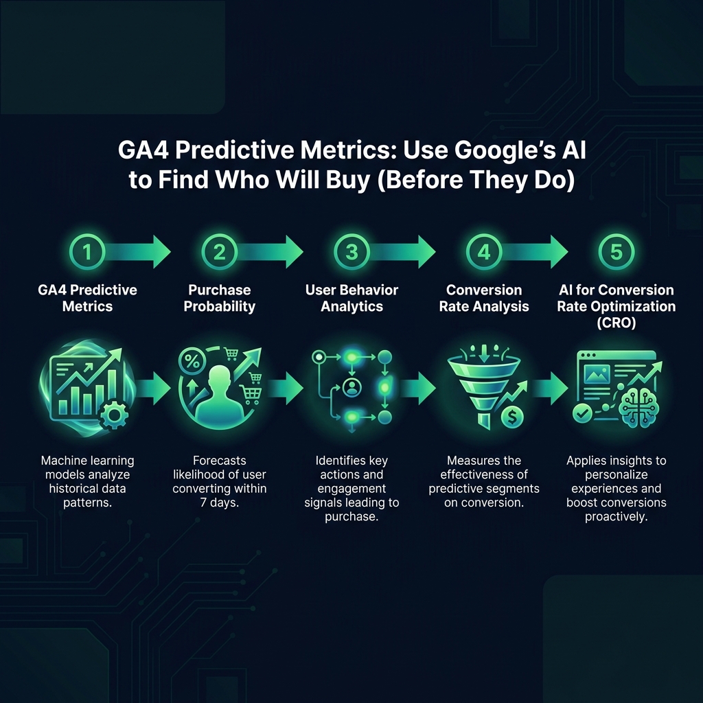 GA4 Predictive Metrics: Use Google's AI to Find Who Will Buy (Before They Do) infographic showing GA4 predictive metrics, purchase probability, user behavior analytics for digital marketing