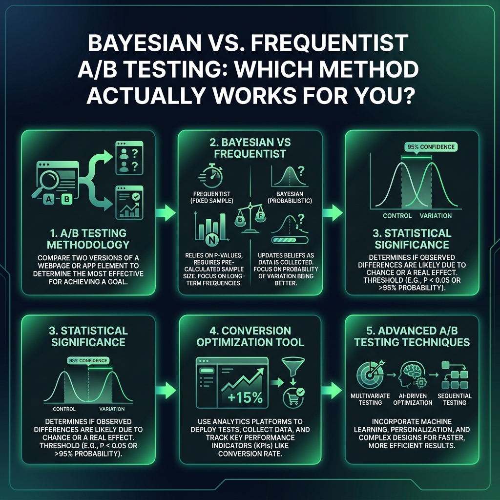 Bayesian vs. Frequentist A/B Testing: Which Method Actually Works for You? infographic showing A/B testing methodology, Bayesian vs Frequentist, statistical significance for digital marketing