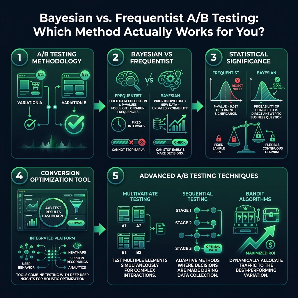 Bayesian vs. Frequentist A/B Testing: Which Method Actually Works for You? infographic showing A/B testing methodology, Bayesian vs Frequentist, statistical significance for digital marketing
