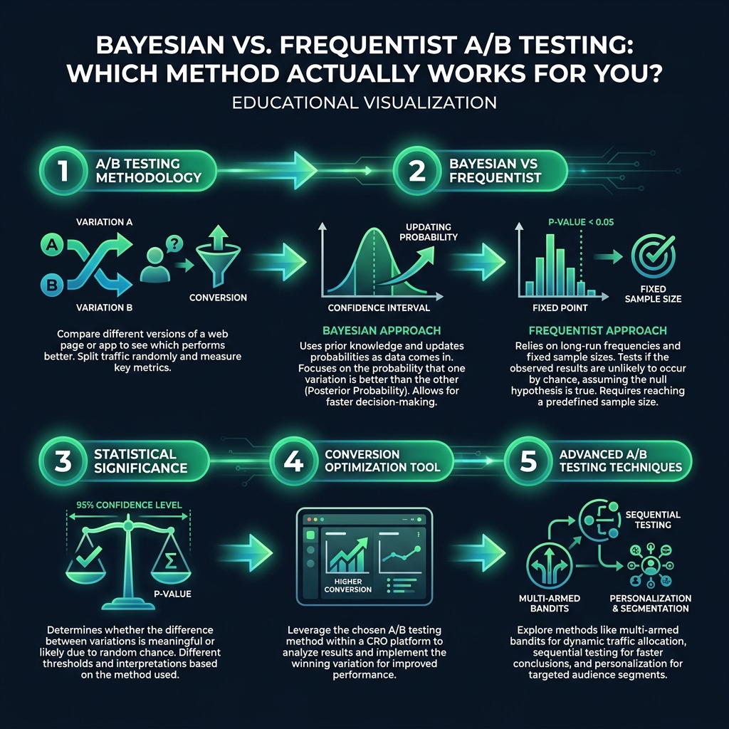 Bayesian vs. Frequentist A/B Testing: Which Method Actually Works for You? infographic showing A/B testing methodology, Bayesian vs Frequentist, statistical significance for digital marketing