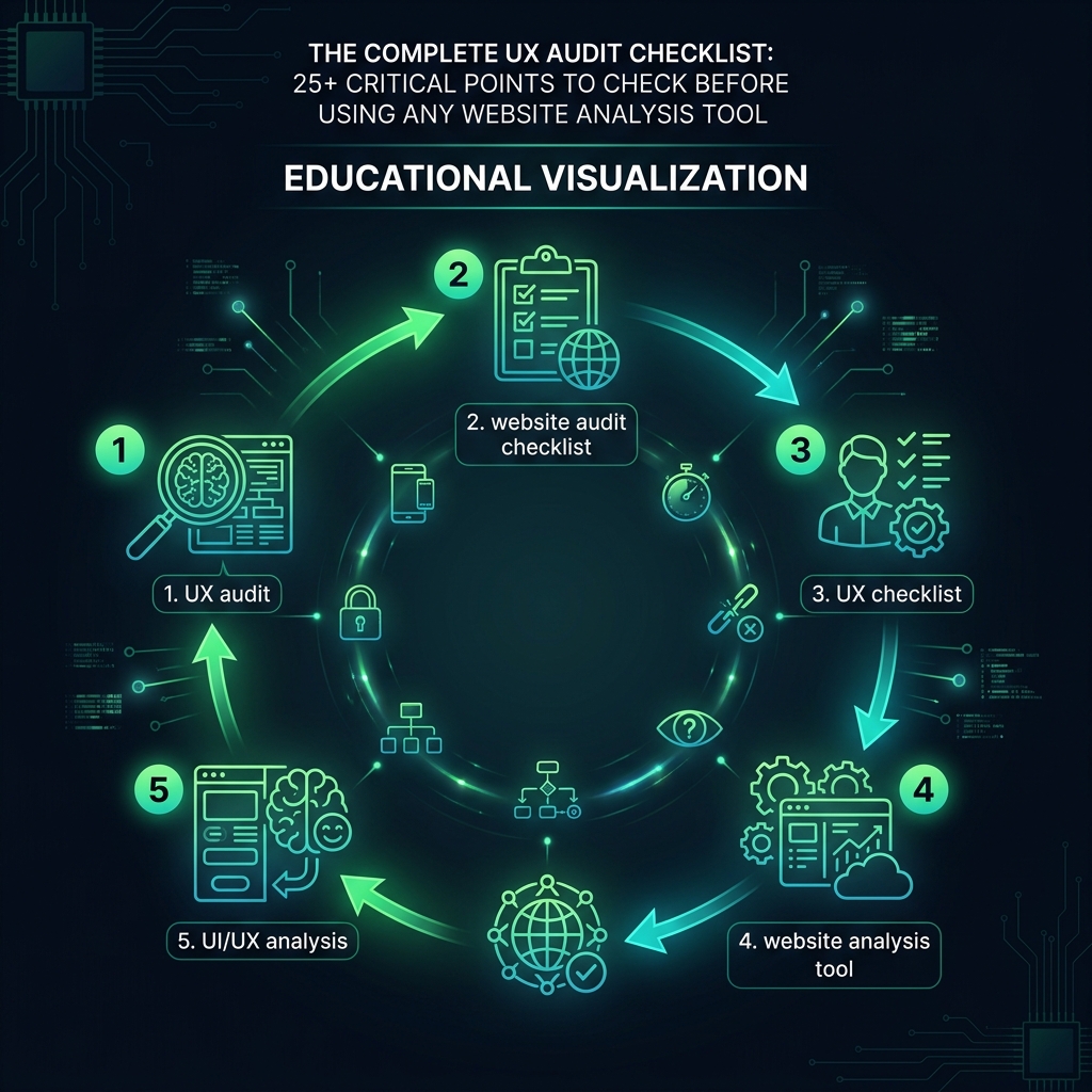 The Complete UX Audit Checklist: 25+ Critical Points to Check Before Using Any Website Analysis Tool infographic showing UX audit, website audit checklist, UX checklist for digital marketing