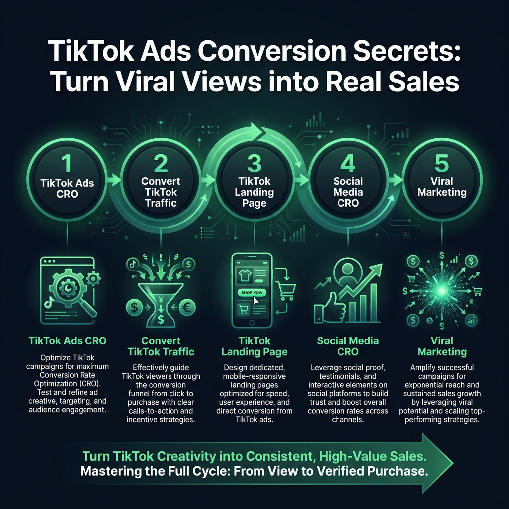 TikTok Ads Conversion Secrets: Turn Viral Views into Real Sales infographic showing TikTok Ads CRO, convert TikTok traffic, TikTok landing page for digital marketing