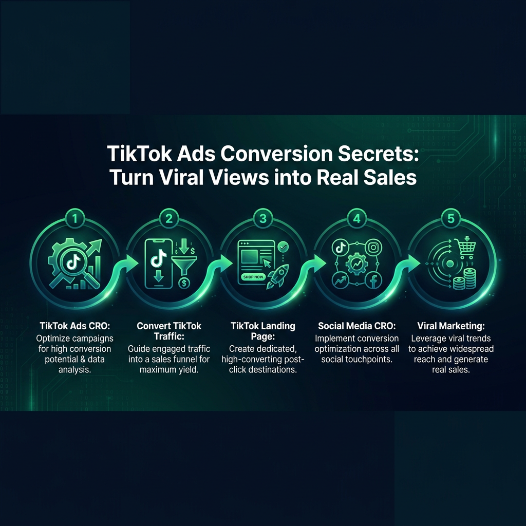 TikTok Ads Conversion Secrets: Turn Viral Views into Real Sales infographic showing TikTok Ads CRO, convert TikTok traffic, TikTok landing page for digital marketing