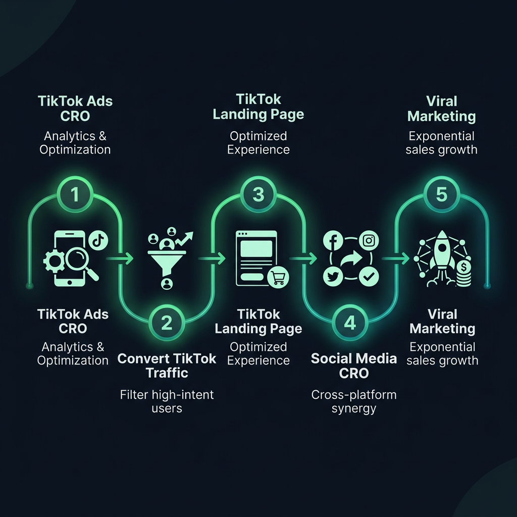 TikTok Ads Conversion Secrets: Turn Viral Views into Real Sales infographic showing TikTok Ads CRO, convert TikTok traffic, TikTok landing page for digital marketing