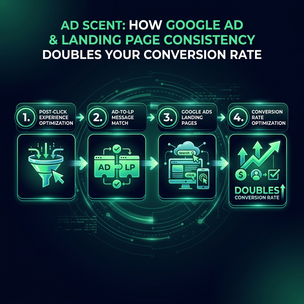Ad Scent: How Google Ad & Landing Page Consistency Doubles Your Conversion Rate infographic showing post-click experience optimization, ad-to-LP message match, Google Ads landing pages for digital marketing