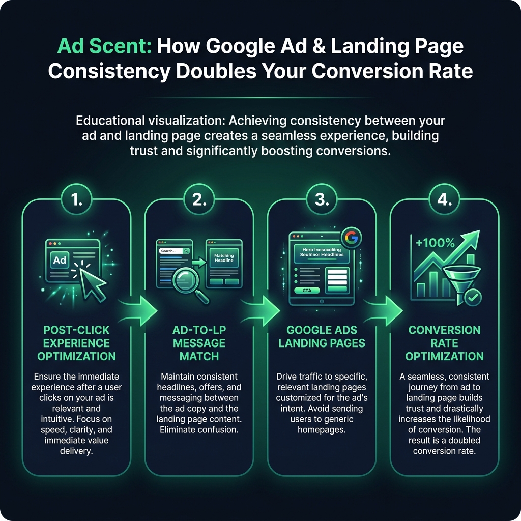 Ad Scent: How Google Ad & Landing Page Consistency Doubles Your Conversion Rate infographic showing post-click experience optimization, ad-to-LP message match, Google Ads landing pages for digital marketing