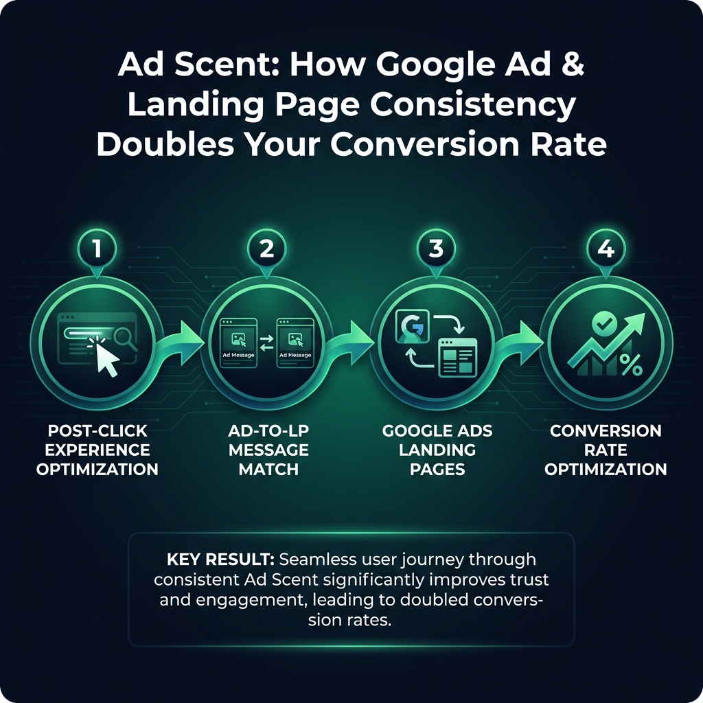 Ad Scent: How Google Ad & Landing Page Consistency Doubles Your Conversion Rate infographic showing post-click experience optimization, ad-to-LP message match, Google Ads landing pages for digital marketing