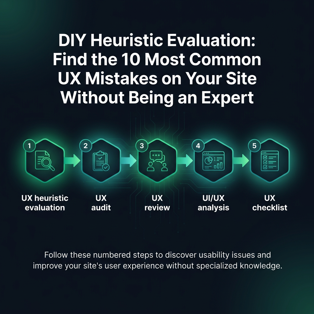 DIY Heuristic Evaluation: Find the 10 Most Common UX Mistakes on Your Site Without Being an Expert infographic showing UX heuristic evaluation, UX audit, UX review for digital marketing