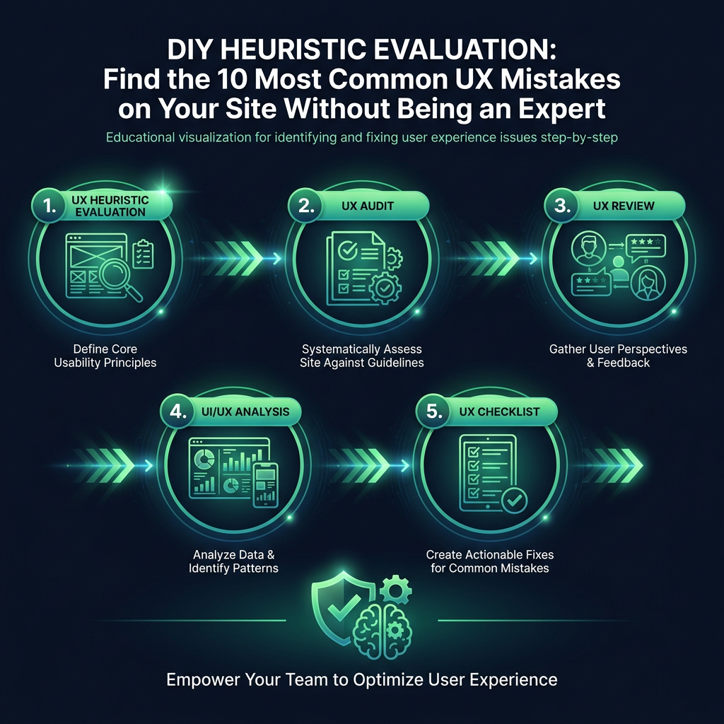 DIY Heuristic Evaluation: Find the 10 Most Common UX Mistakes on Your Site Without Being an Expert infographic showing UX heuristic evaluation, UX audit, UX review for digital marketing