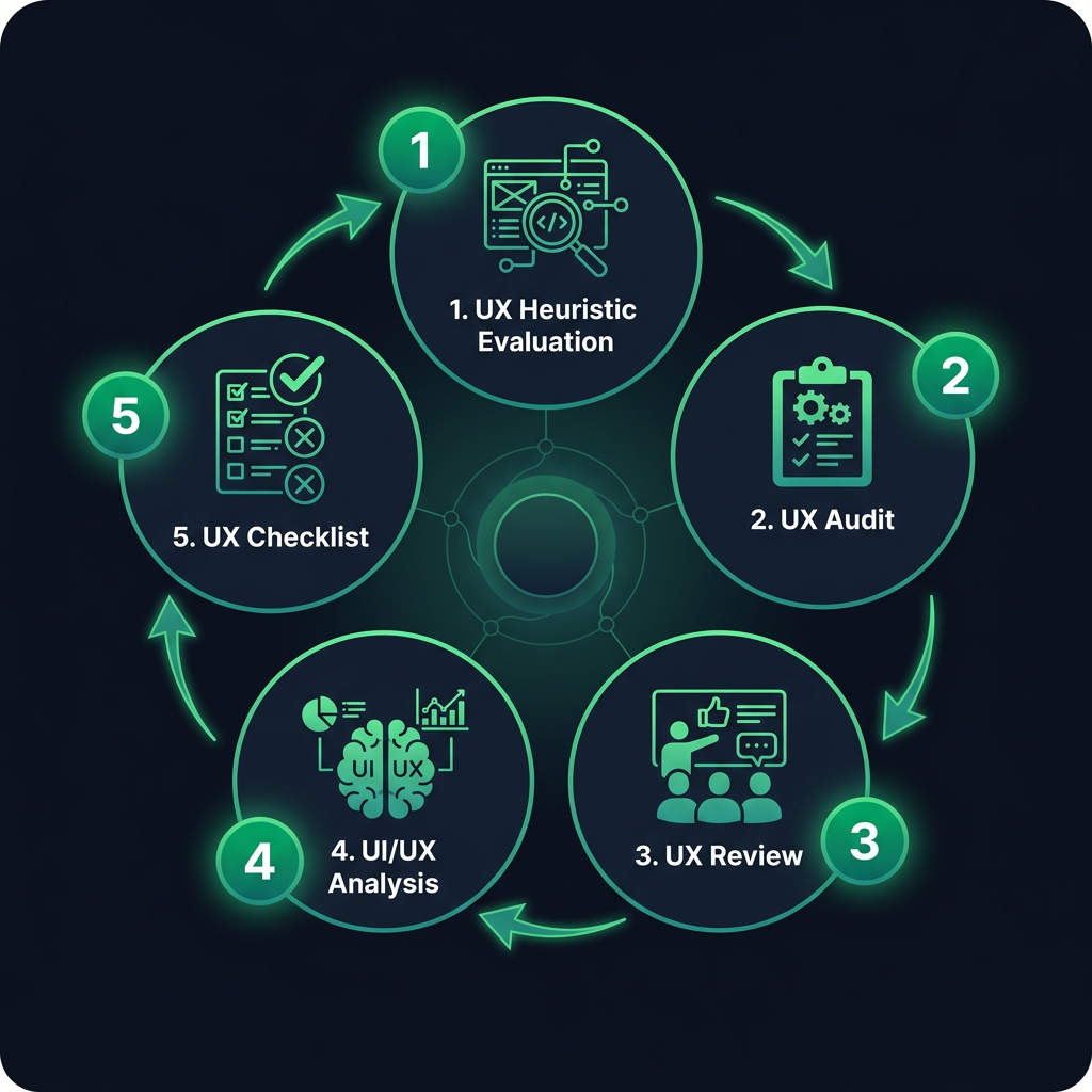 DIY Heuristic Evaluation: Find the 10 Most Common UX Mistakes on Your Site Without Being an Expert infographic showing UX heuristic evaluation, UX audit, UX review for digital marketing