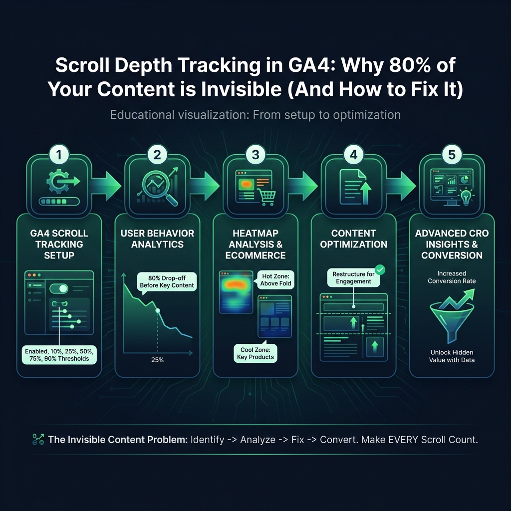 Scroll Depth Tracking in GA4: Why 80% of Your Content is Invisible (And How to Fix It) infographic showing GA4 scroll depth tracking setup, user behavior analytics, heatmap analysis ecommerce for digital marketing