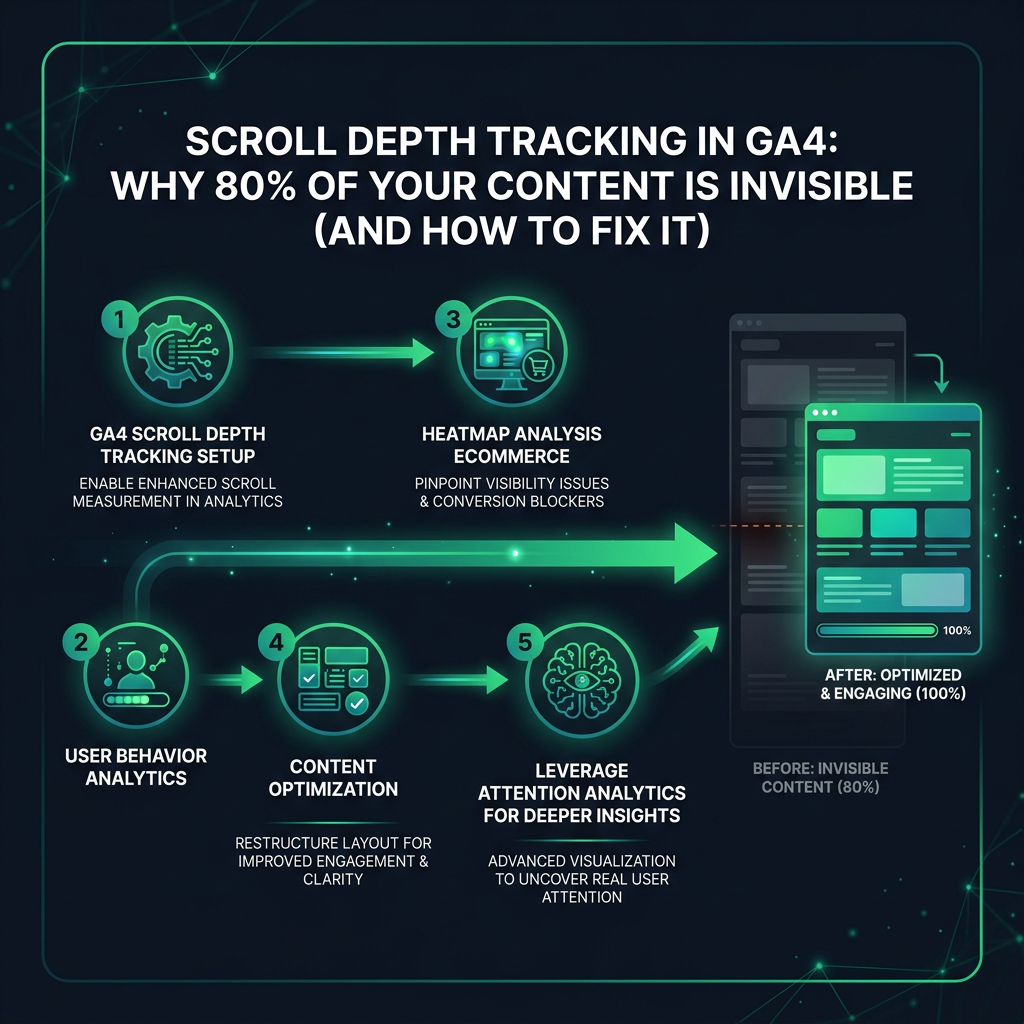 Scroll Depth Tracking in GA4: Why 80% of Your Content is Invisible (And How to Fix It) infographic showing GA4 scroll depth tracking setup, user behavior analytics, heatmap analysis ecommerce for digital marketing
