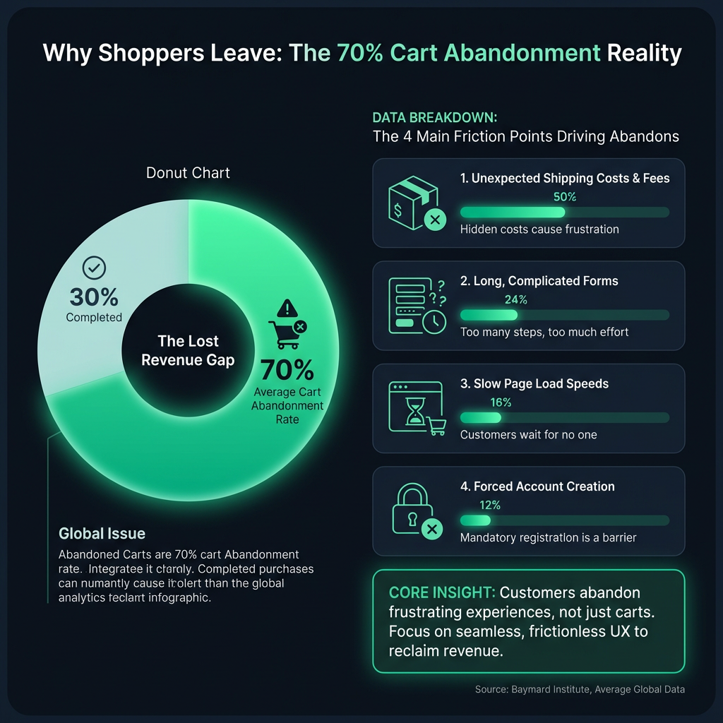 Στατιστικό infographic που απεικονίζει το ποσοστό εγκατάλειψης καλαθιού 70% και αναλύει τους κύριους λόγους απώλειας πωλήσεων στα ηλεκτρονικά καταστήματα. Το διάγραμμα παρουσιάζει τα βασικά σημεία τριβής για τη βελτιστοποίηση checkout, όπως τα απροσδόκητα μεταφορικά έξοδα, οι πολύπλοκες φόρμες παραγγελίας, η αργή ταχύτητα φόρτωσης και η υποχρεωτική δημιουργία λογαριασμού, προσφέροντας δεδομένα για στρατηγικές μείωσης εγκατάλειψης καλαθιού.