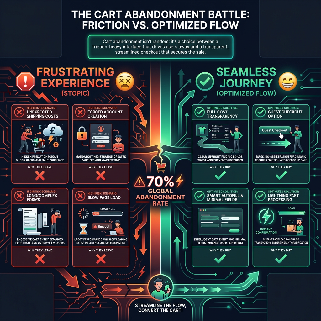 Συγκριτικό infographic που παρουσιάζει τις κύριες αιτίες για την εγκατάλειψη καλαθιού, όπως τα κρυφά κόστη και οι πολύπλοκες φόρμες, σε αντιπαράθεση με στρατηγικές checkout optimization. Η εικόνα δείχνει πώς η βελτίωση της εμπειρίας χρήστη και η διαφάνεια στο eshop οδηγούν σε μείωση της εγκατάλειψης και αύξηση πωλήσεων.