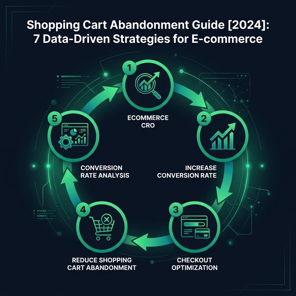 Shopping Cart Abandonment Guide [2024]: 7 Data-Driven Strategies for E-commerce infographic showing ecommerce CRO, increase conversion rate, checkout optimization for digital marketing