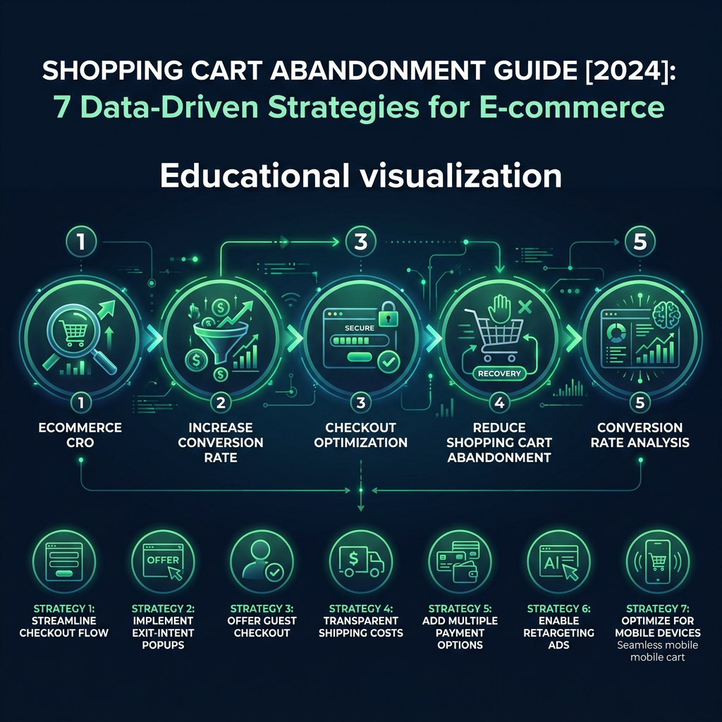 Shopping Cart Abandonment Guide [2024]: 7 Data-Driven Strategies for E-commerce infographic showing ecommerce CRO, increase conversion rate, checkout optimization for digital marketing