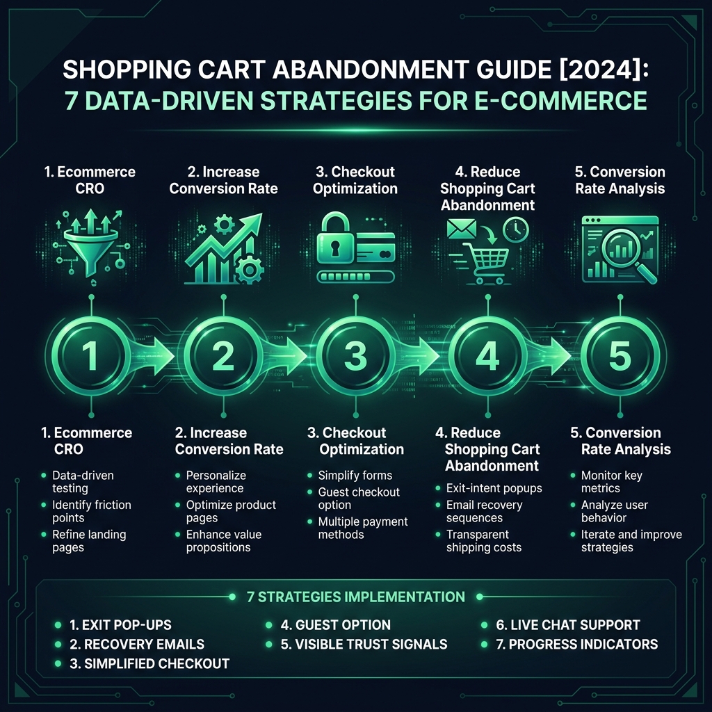 Shopping Cart Abandonment Guide [2024]: 7 Data-Driven Strategies for E-commerce infographic showing ecommerce CRO, increase conversion rate, checkout optimization for digital marketing